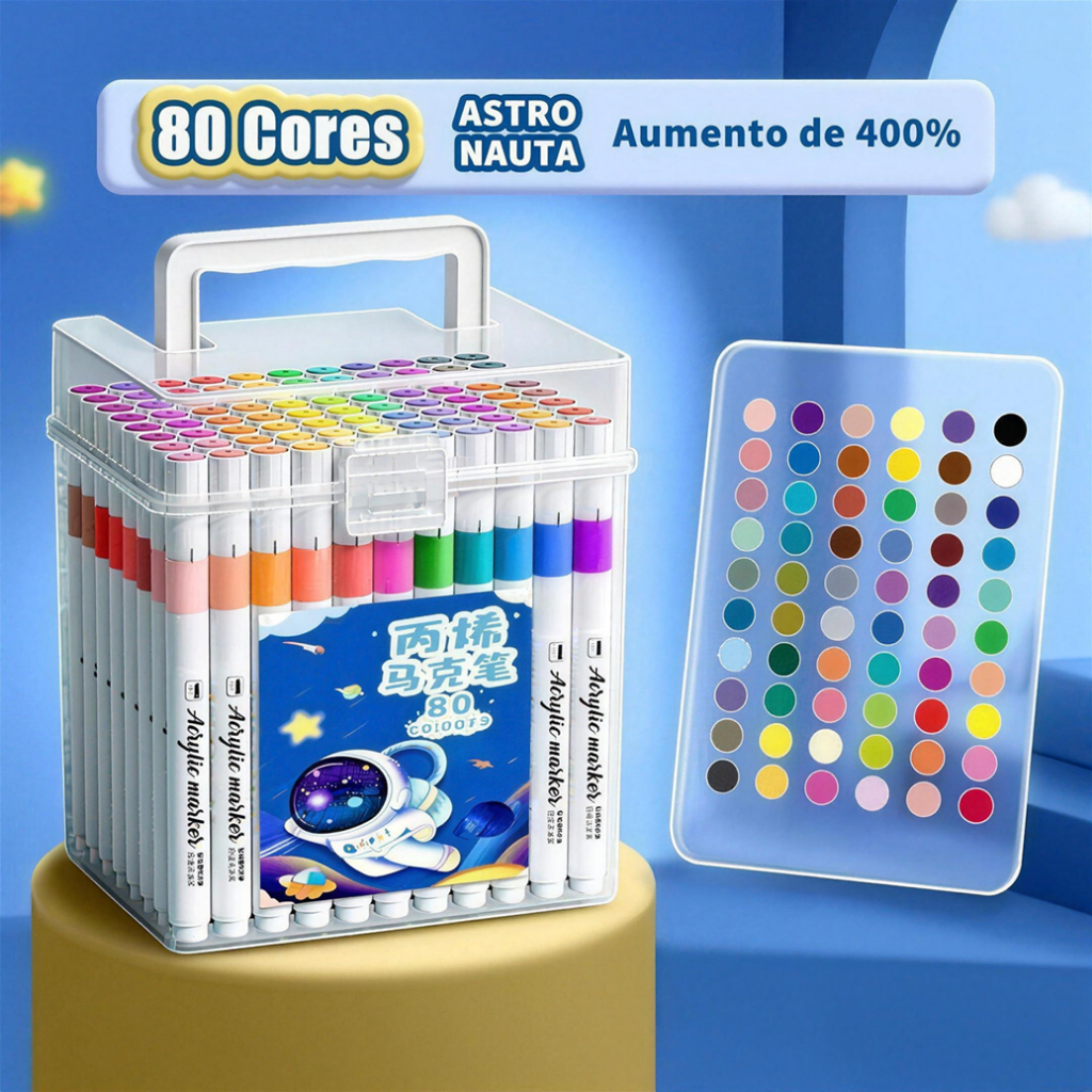 Kit Canetas Acrílicas 80 Cores Ponta Fibra Multissuperfície - Tecido Madeira Vidro Cerâmica