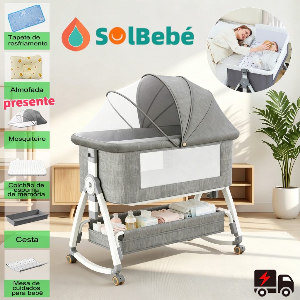 Berço Portátil Moises Co-bed Com Balanço Mosquiteiro e Cesto Regulagem De Altura