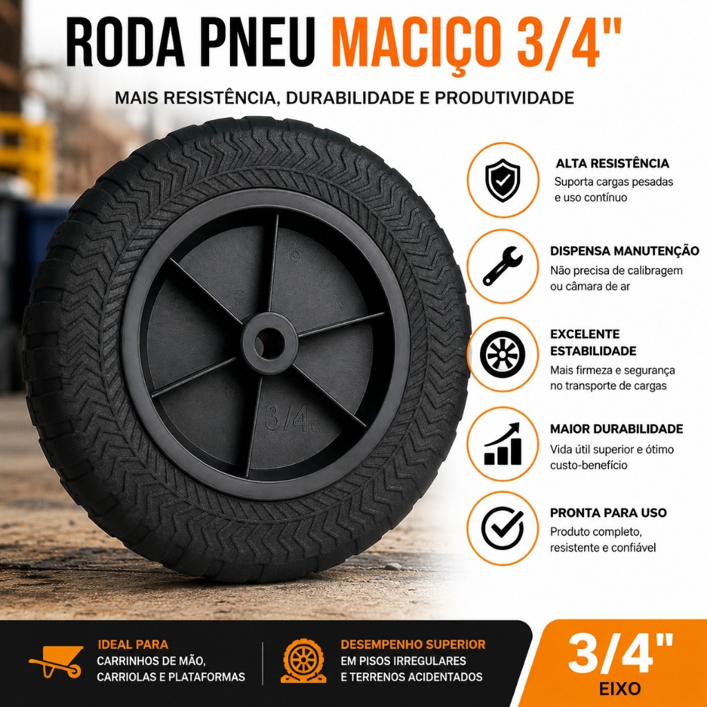 Roda Pneu Maciço 3/4 Para Carrinho De Mão Carriola Plataforma Reforçada Completa