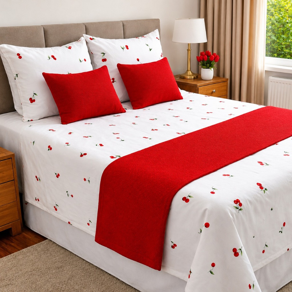 Jogo De Cama 6 Peças Casal Queen King Solteiro Algodão Decorativa Estampa Cereja