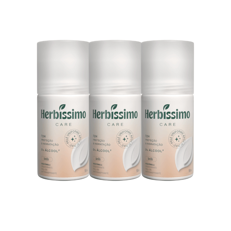 Kit Desodorante Roll-On Antitranspirante Herbíssimo Care Vanilla 50ml (3 unidades)
