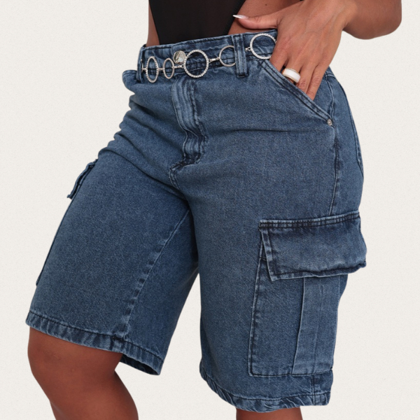 Bermuda Cargo Jeans Feminina Bolso Chapado Cintura Alta Cores Basicas Estilo Oversized Atemporal