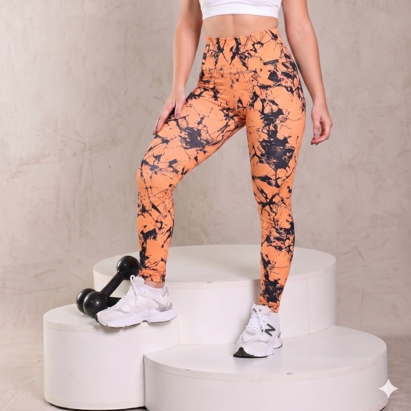 Calça Legging Estampada Laranja Feminina - Alta Elasticidade - Academia, Yoga, Fitness