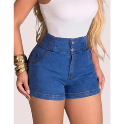 Short Jeans Feminino Cós Alto 2 Botões Moda Feminina Cintura Alta Confortável Com Bolsos Elástico