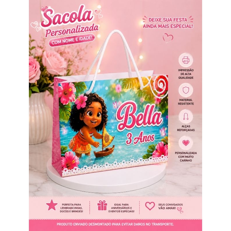 Sacola Personalizada Moana para Lembrancinhas de Festa Infantil | Sacolinha Personalizada Aniversário