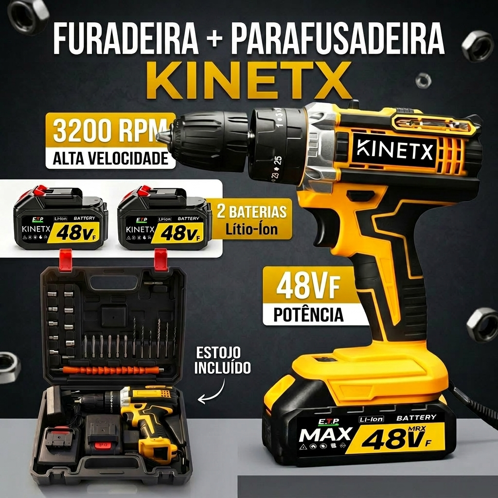 Kit Furadeira de Parafusadeira 48VF 2 Baterias 28pcs Iluminação LED Maleta Brushless Sem Fio diy KINETX