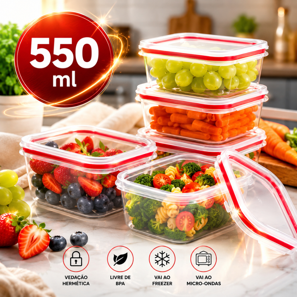 Kit Marmitas Herméticas Potes 550ml Organizadores Cozinha Geladeira C/2 Travas Alimentos Porta Frios