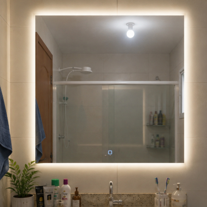 Espelho Quadrado Lapidado 60x60cm LED 3 Cores com Touch Bivolt Decorativo Banhei