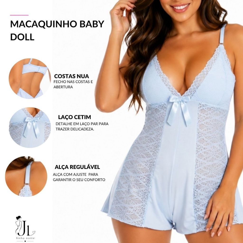 Baby Doll Macaquinho Feminino Pijama Renda Decote Alça Ajustável