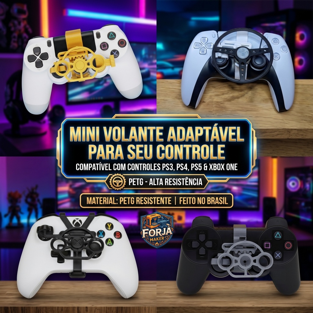 Mini Volante para Controle/Manete Reforçado - PETG (+ Resistente e + Flexível) - PS5/PS4/PS3/Xbox Series S e X/Xbox One