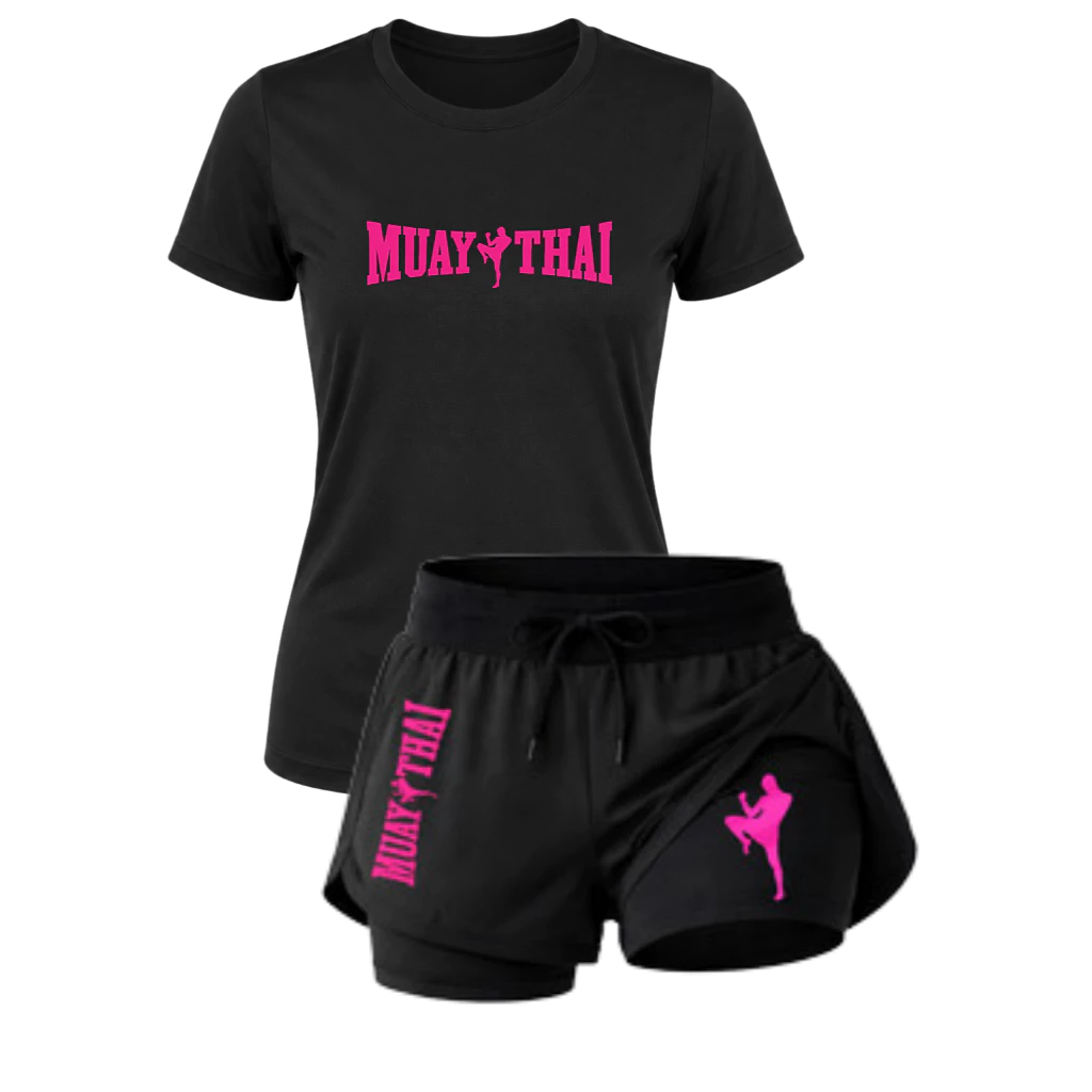 Kit Camiseta Feminina DRY FIT Muay Thay + Short Dry Fit 2 em 1 Compressão C/ Bolso Secreto