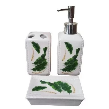 Kit Banheiro 3 Peças Wincy Folhas Tropicais Porta Escova Saboneteira Dispenser Lavabo