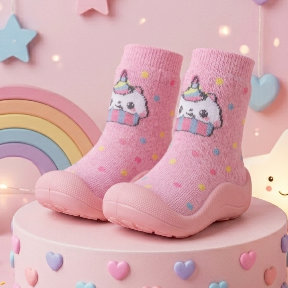 Meia com Sola Emborrachada Antiderrapante Bebê Infantil Unicórnio Cupcake Menina 0 a 3 anos