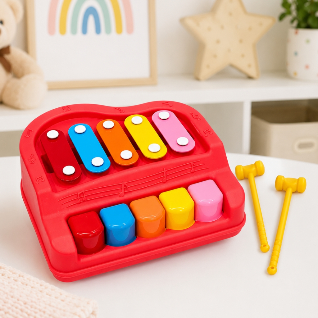 Piano Xilofone 2 em 1 Brinquedo Musical Infantil com Baqueta Montessori Educativo e Didático