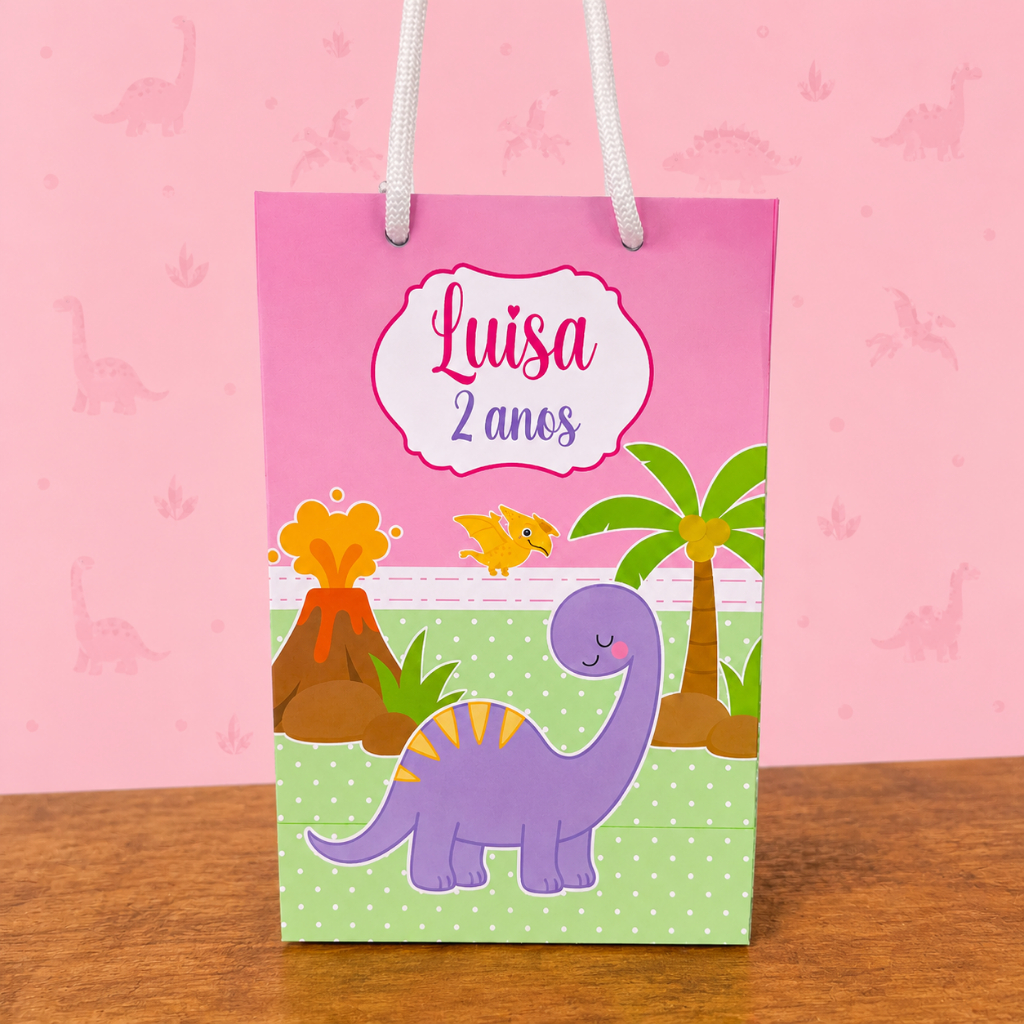 Sacolinha Personalizada Dinossauro Menina Lembrancinhas Festa Infantil Aniversário