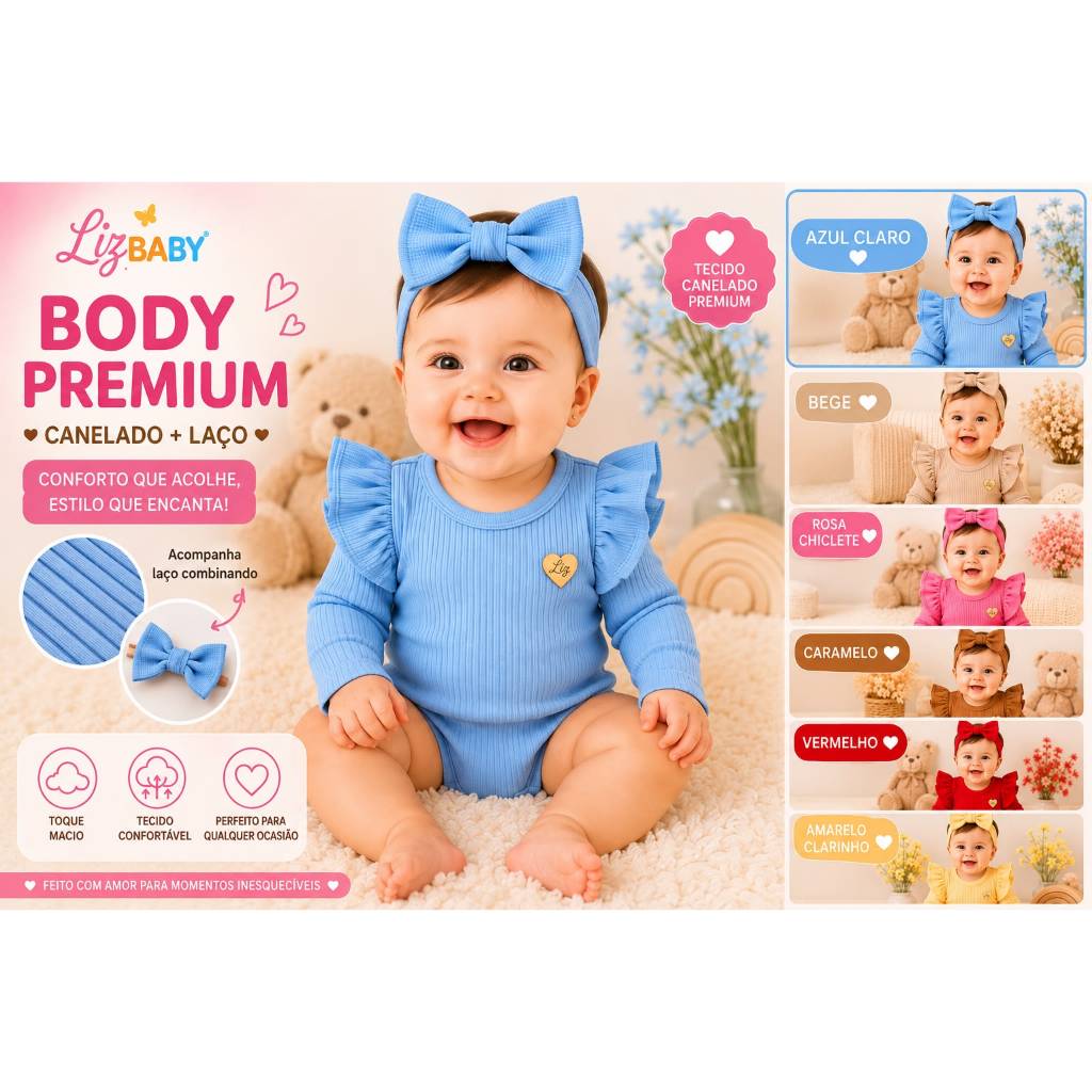 Body manga longa bebê menina com laço, bori bebe menina manga longa com laço