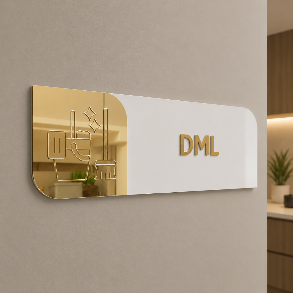 Placa Sinalização DML Identificação Porta Deposito De Matérias De Limpeza Mdf Acrilico Espelhado