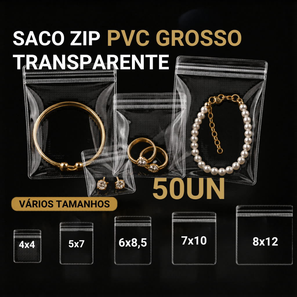 Saco Zip PVC Grosso Transparente 50 Unidades - Melhor custo benefício - Zip para Semijoias