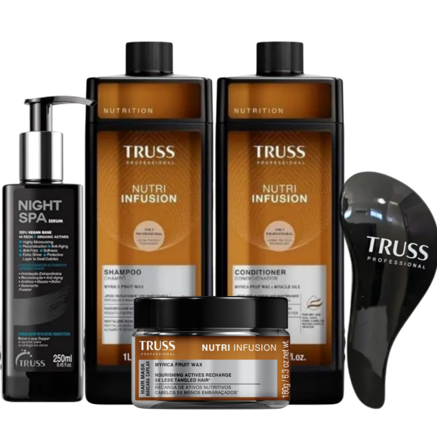 Kit Truss Nutri Infusion Shampoo 1 Litro, Condicionador 1 Litro e Sérum Night Spa 250ml +BRINDE Escova Truss