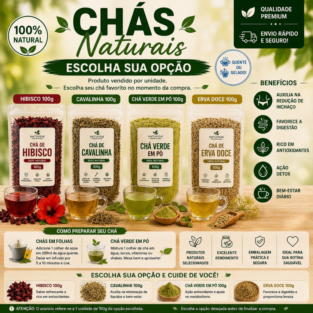 Chás Naturais 100g Hibisco Cavalinha Chá Verde Erva Doce Escolha