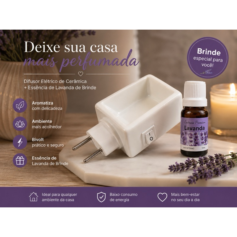 Difusor Elétrico Aromatizador Cerâmica Branco Bivolt + Essência de Brinde