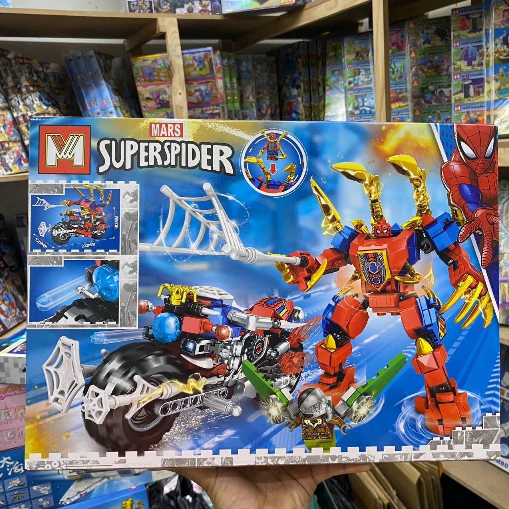 Bloco de Montar Super Heróis honem Aranha Robô e Moto 553 Peças Compatível Infantil