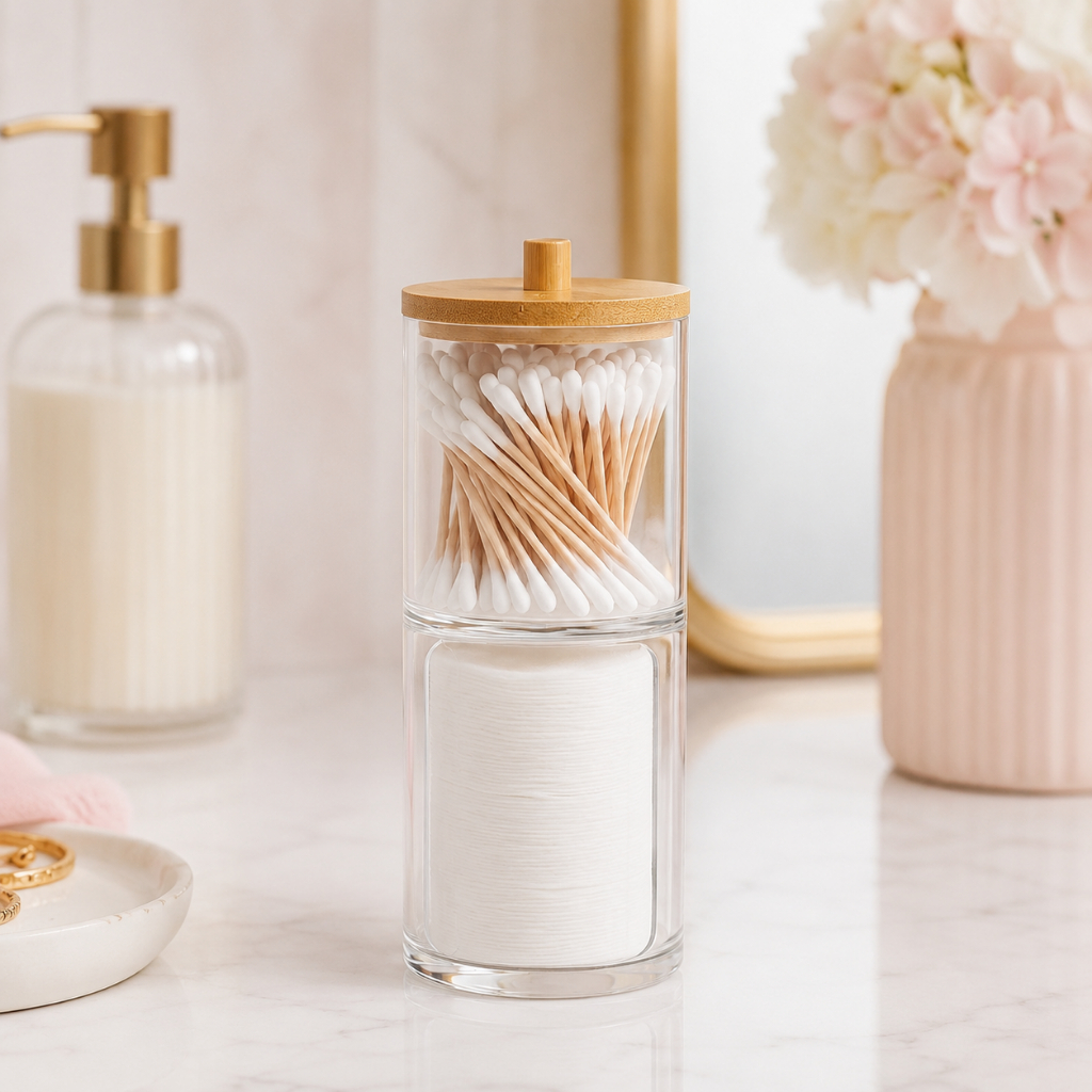 Porta Algodão Cotonete Acrílico Tampa Bambu Organizador Banheiro Penteadeira Skin Care Higiene