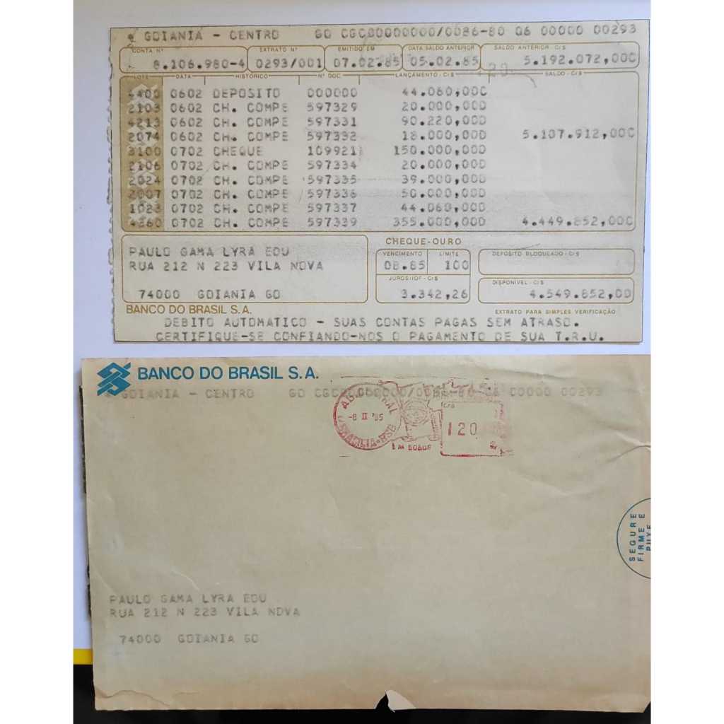 Extrato Bancário Banco do Brasil S.A. Goiânia Goiás Fevereiro de 1985 com Envelope Postal