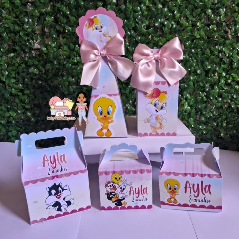 Caixinhas Personalizadas Baby Looney Tunes Rosa/ Lembrancinha/Festa/Aniversário Infantil