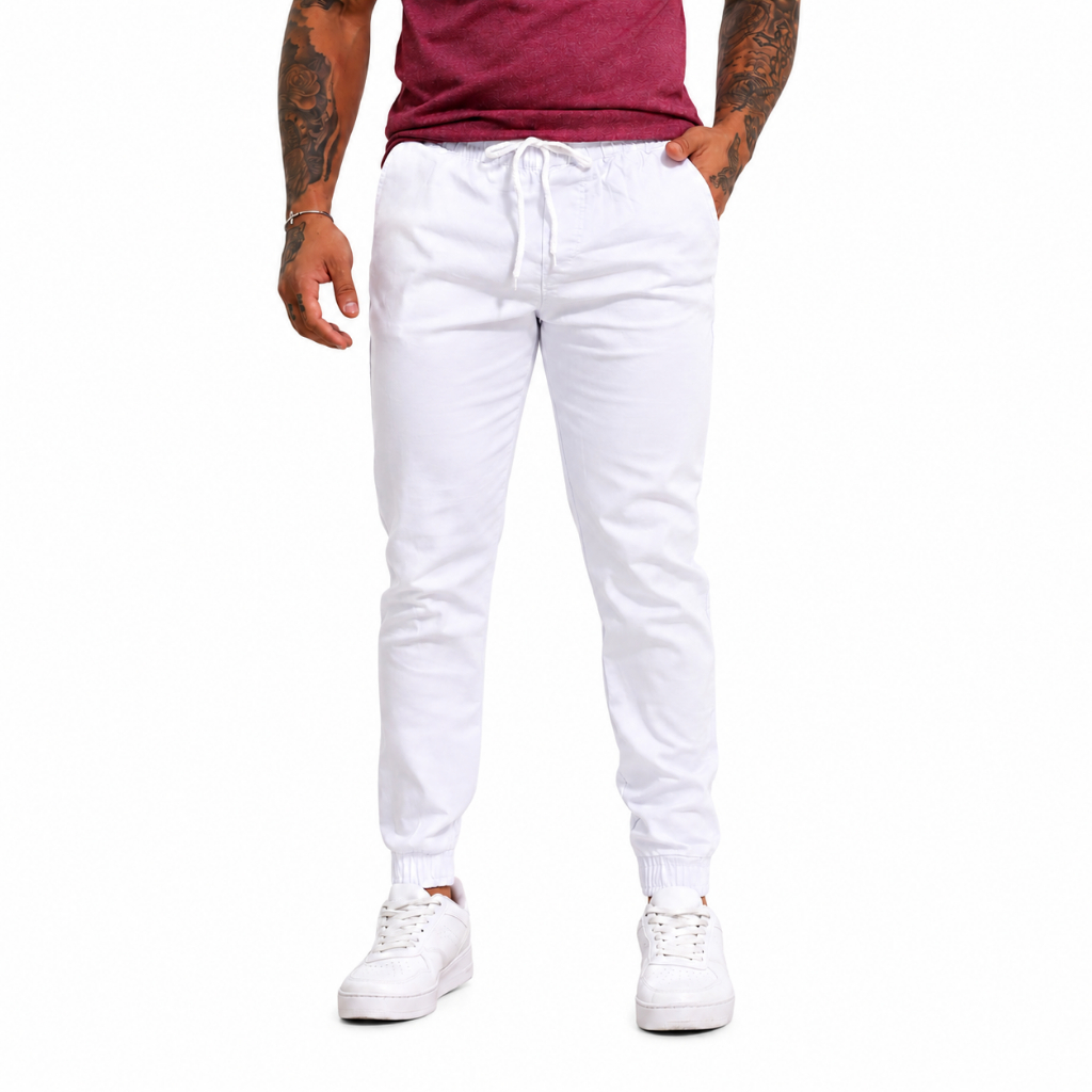 Calça Jogger Masculina Jeans Sarja Branca Punho Elástico Cordão De Regulagem Premium Confortável
