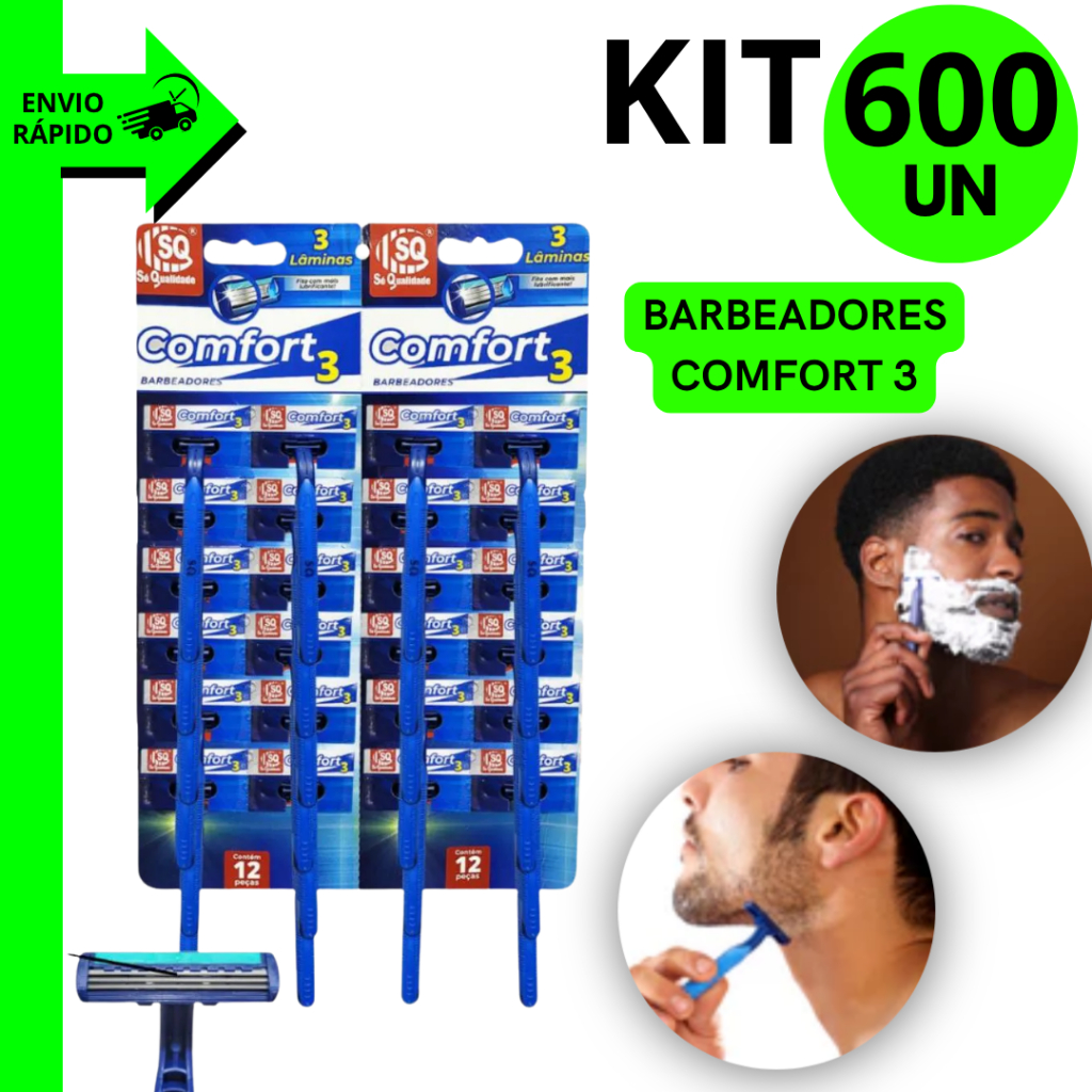 Kit 600/540/492/216 Unidades Barbeadores Comfort 3 Descartável Com 3 Lâminas Para Uso Diário