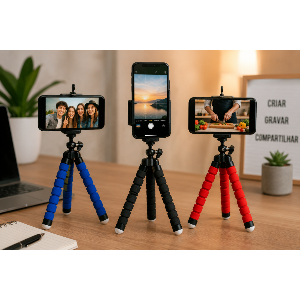 Mini Tripé Flexível de mesa Suporte para Celular e Camera Para Gravar Videos Profisionais 360 graus Resistente