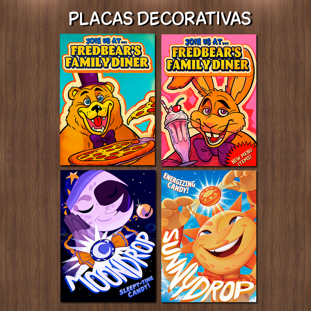 KIT 4 Placas Decorativas Five Nights At Freddy's Fredbear's Family Diner Sun Moon 20x28.5cm