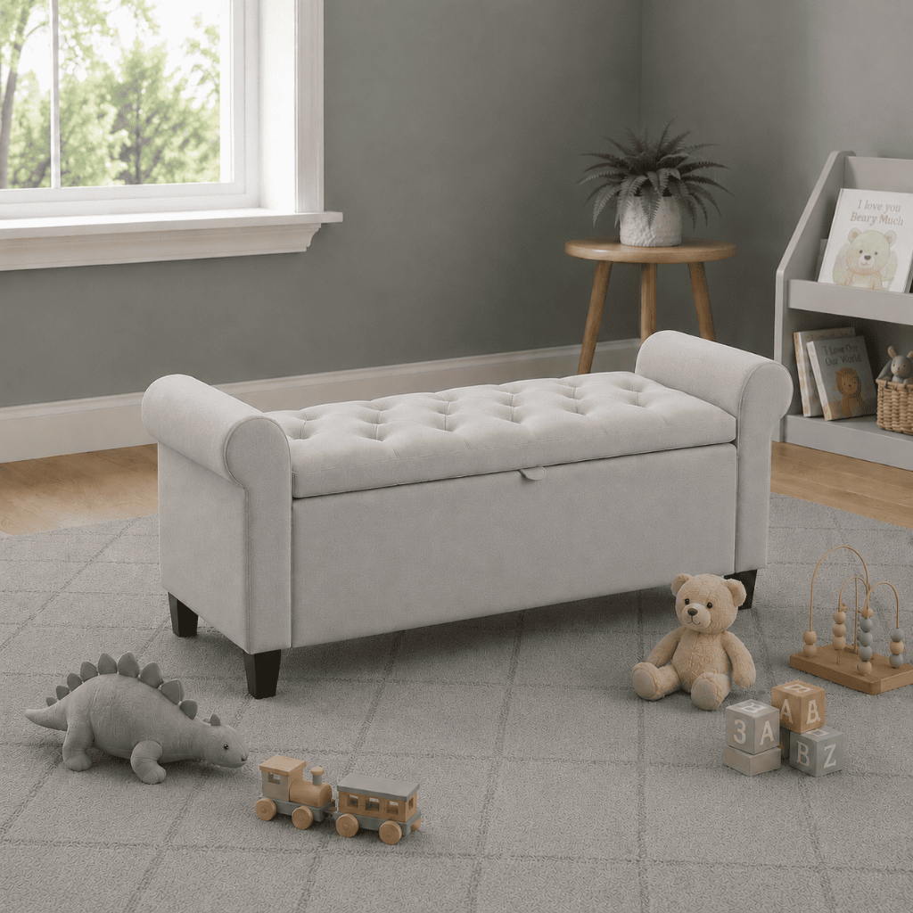 Puff Recamier Divã 90cm Banco Estofado Organizador Multiuso Sapateira Espaçoso Estrutura Reforçada Luxo Cor Cinza