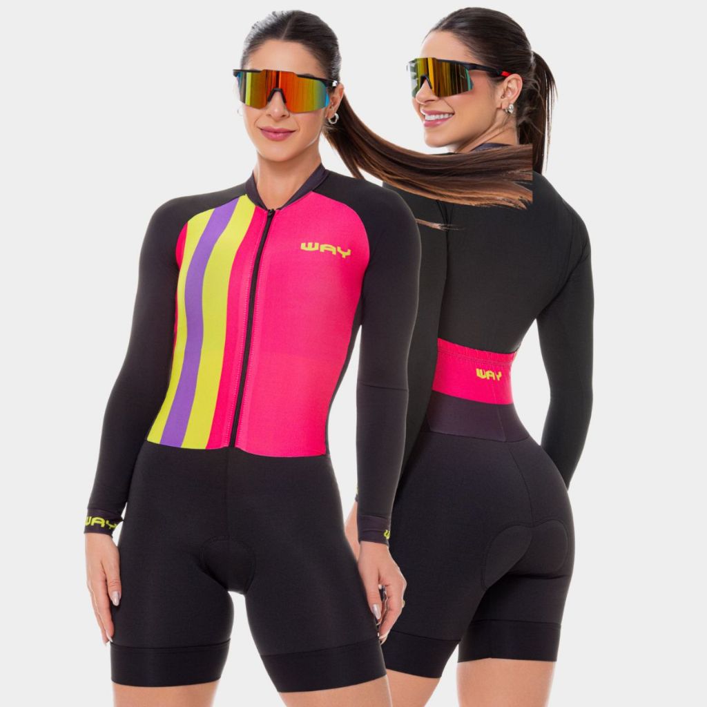 Macaquinho de Ciclismo Feminino Macacão Forro Espuma Acolchoado Manga Longa Roupa Bike Pedal Mtb