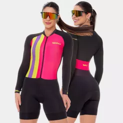 Macaquinho de Ciclismo Feminino Macacão Forro Espuma Acolchoado Manga Longa Roupa Bike Pedal Mtb
