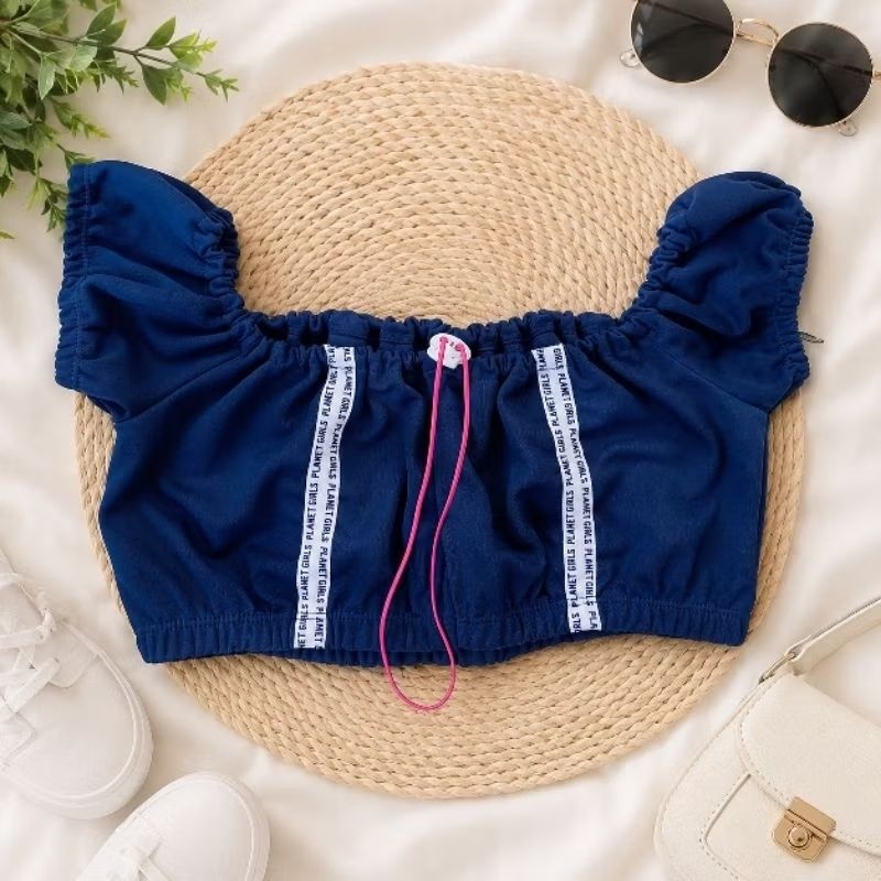 Cropped Feminino Planet Girls Azul Marinho Ombro a Ombro Manga Bufante Casual 100% Poliéster Tamanho M