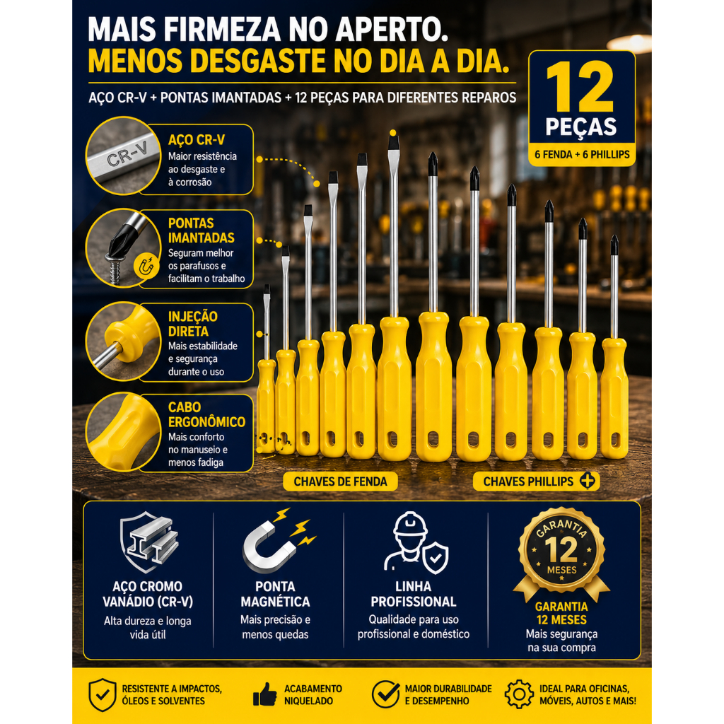 Kit 12 Chaves de Fenda e Phillips Flex Imantado Lotus