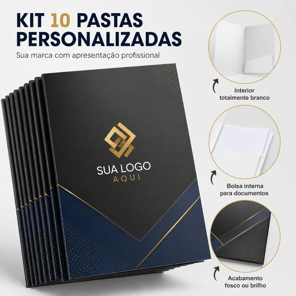 Kit 10 Pastas Personalizadas com Bolsa A4 | Fosca ou Brilho