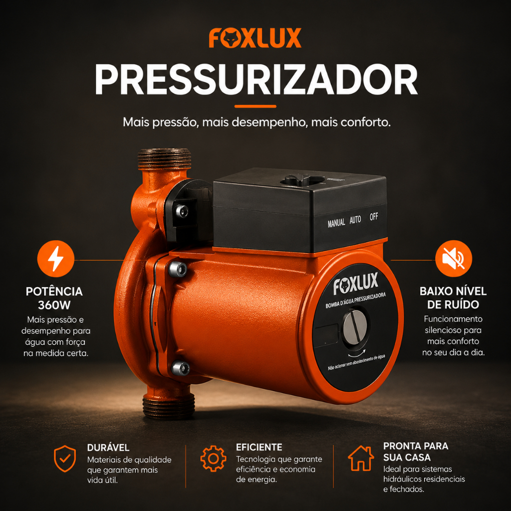 Bomba Pressão Água 360W Bomba Pressurizadora Foxlux 220v Pressurizador Caixa D'Água 3600L/Hora