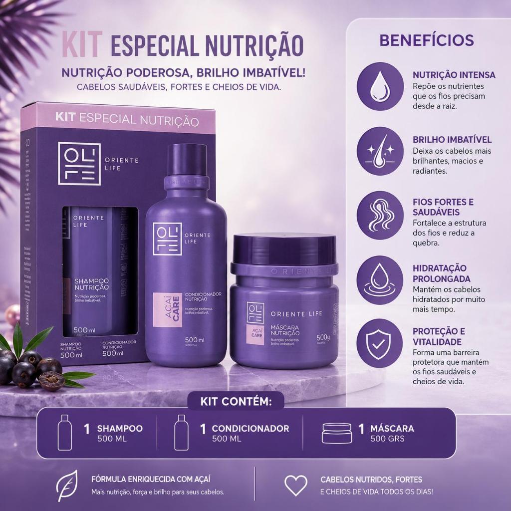 Kit Açai Care Oriente Life Nutrição Poderosa Brilho intenso Maciez — imagem 2 de 2