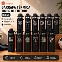Garrafa térmica de água personalizada inox 800ml Time futebol e nome academia escola trabalho quente gelado
