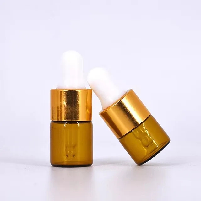 Kit 100 Frascos Conta Gotas Vidro Óleo Essencial Âmbar 1ml Tp Dourada