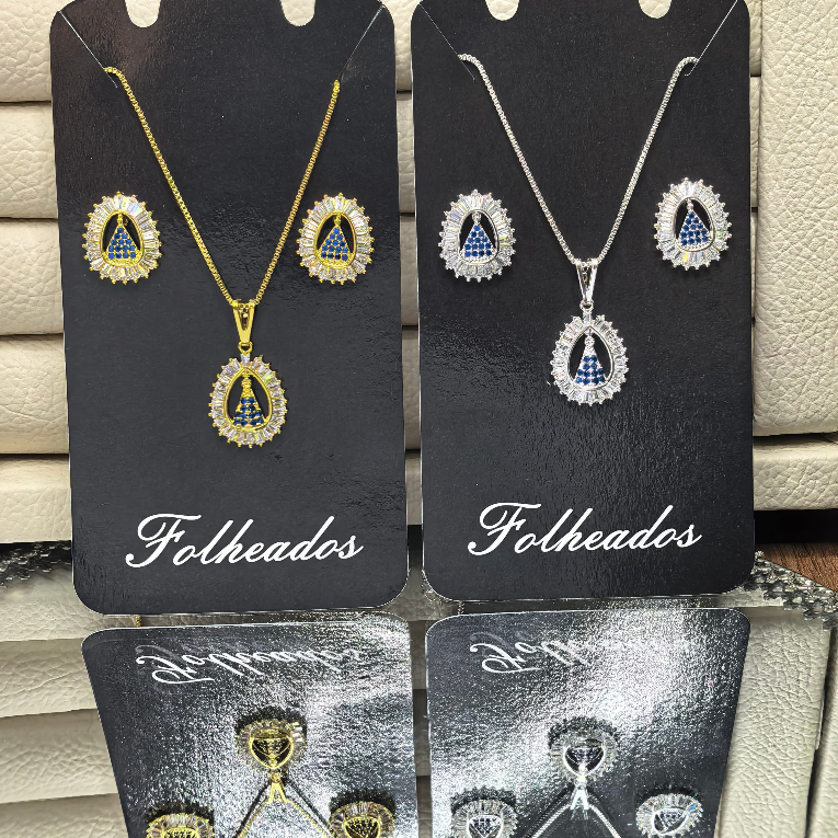 Joia Elegante Colar + Brinco Nossa senhora Aparecida Zircônia Folheado Ouro 18k/ Prata 925