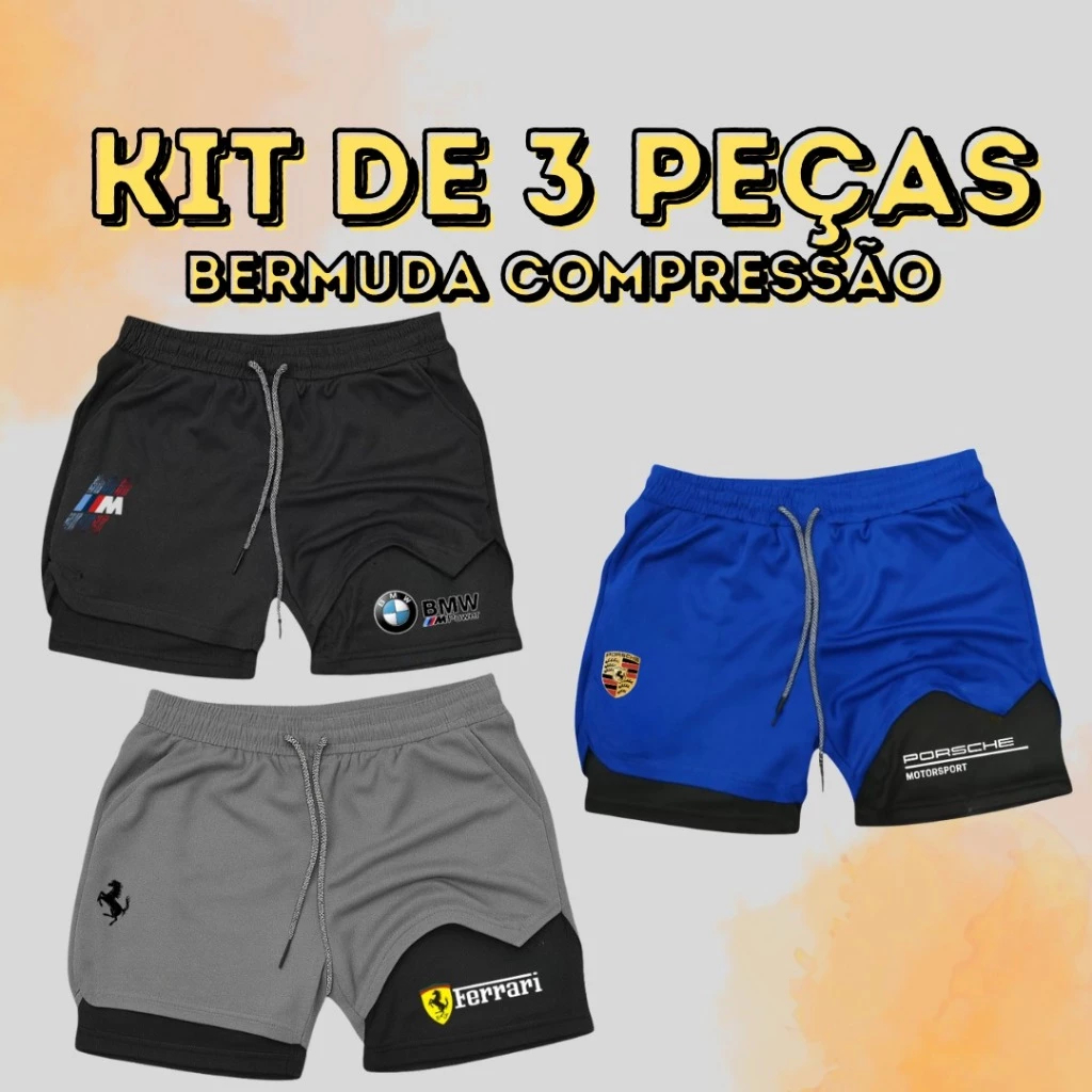 KIT 3 Bermudas De Compressão 2em1 Dry Fit Com Elastano PORSCHE + FERRARI + BMW Para Treinos Academia