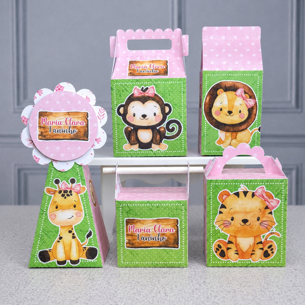 Kit 20/30/40/50 Caixinhas Personalizadas Safari menina festa personalizada lembrancinhas de aniversário Pegue e Monte