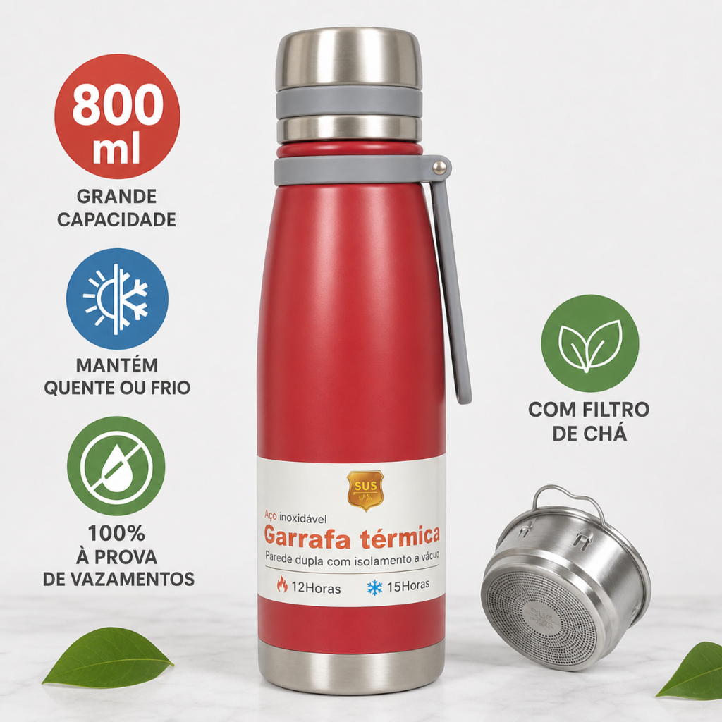 Garrafa Térmica de Água 800ml Inox304 Vácuo 12H Quente 15H Frio com Alça e Infusor Academia Trabalho Viagem