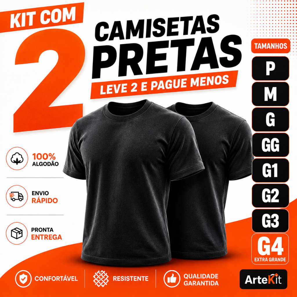 Kit 2 Camiseta Preta Básicas Lisa 100% Algodão Masculina Feminina P ao G4