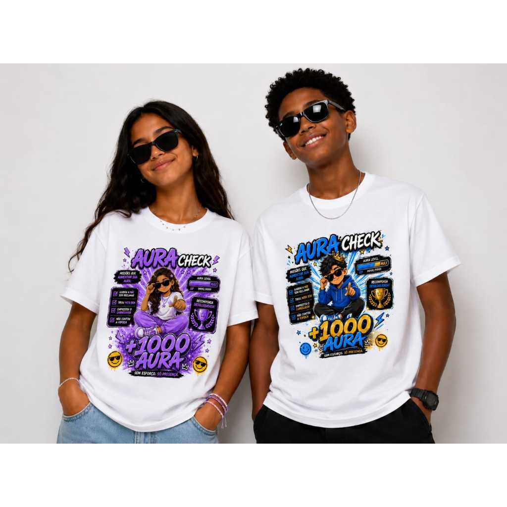Camiseta +1000 Aura Viral TikTok | Infantil e Adulto | Menino e Menina | Estampa Gamer Street Style | 0 ao 16 e P ao GG
