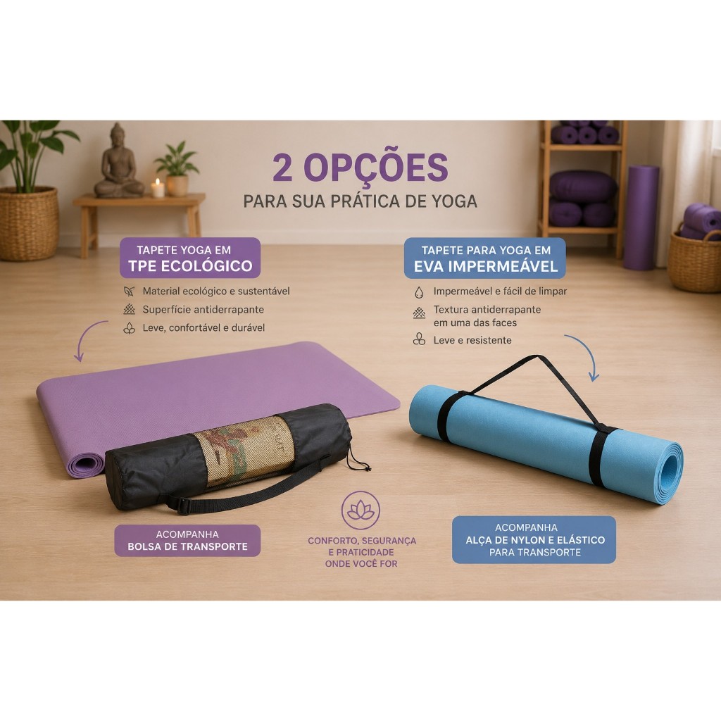 Tapete de Yoga TPE Ecológico Antiderrapante com Bolsa | Fitness Pilates Exercício